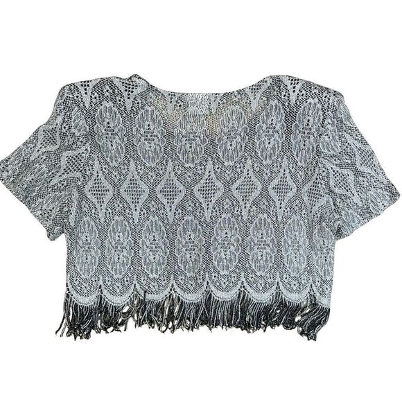 Shair Aide of CA Vintage Metallic Gold Black Lace Crop Top Fringe Hem Size 12 - Picture 9 of 15